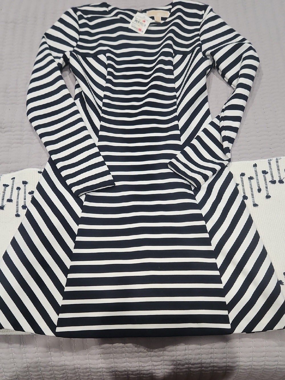 Michael Kors Black & White Striped Long-Sleeve Fit-and-Flare Dress